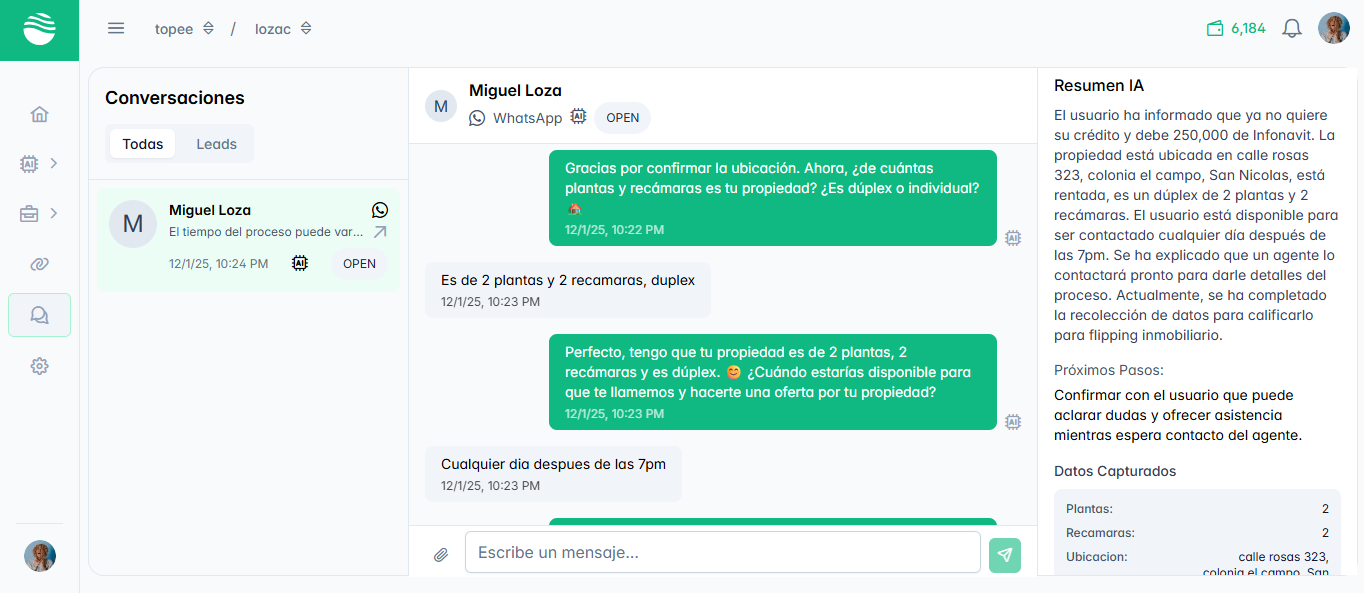 Interfaz de Topee - Plataforma de chatbots IA para WhatsApp Business con conversaciones automatizadas